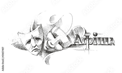 Theater masks. Play of actors in the theater. Human emotions. Positive mood. Mimes, Pantomime. Joy and sadness