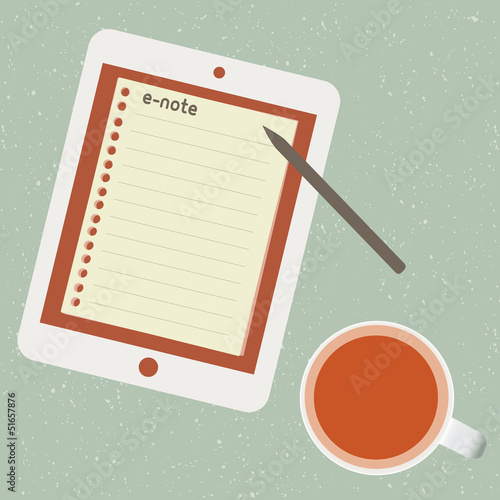 e-note and cup of tea