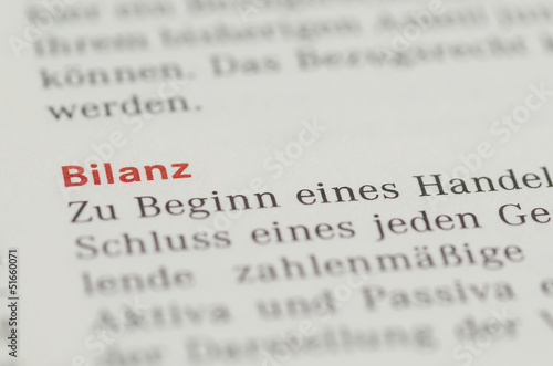 Bilanz Überschrift und Definition in einem Buch photo