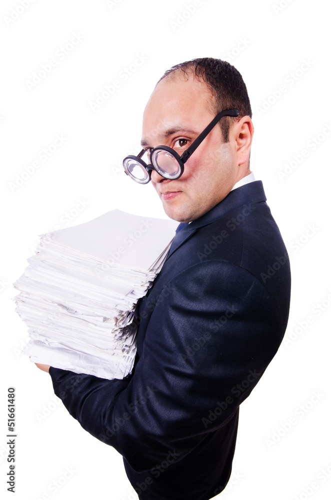 Funny man with lots of folders on white Funny man with lots of folders on white