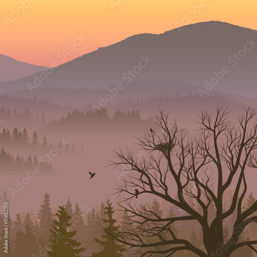 Illustration of purple valley with coniferous wood.