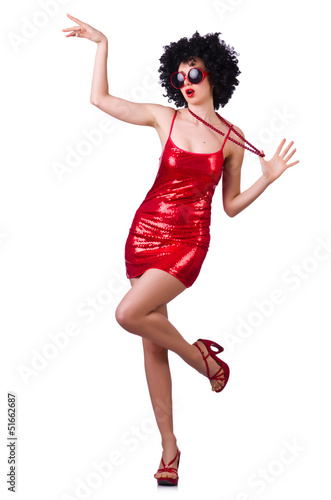 Woman in red dress isolated on white