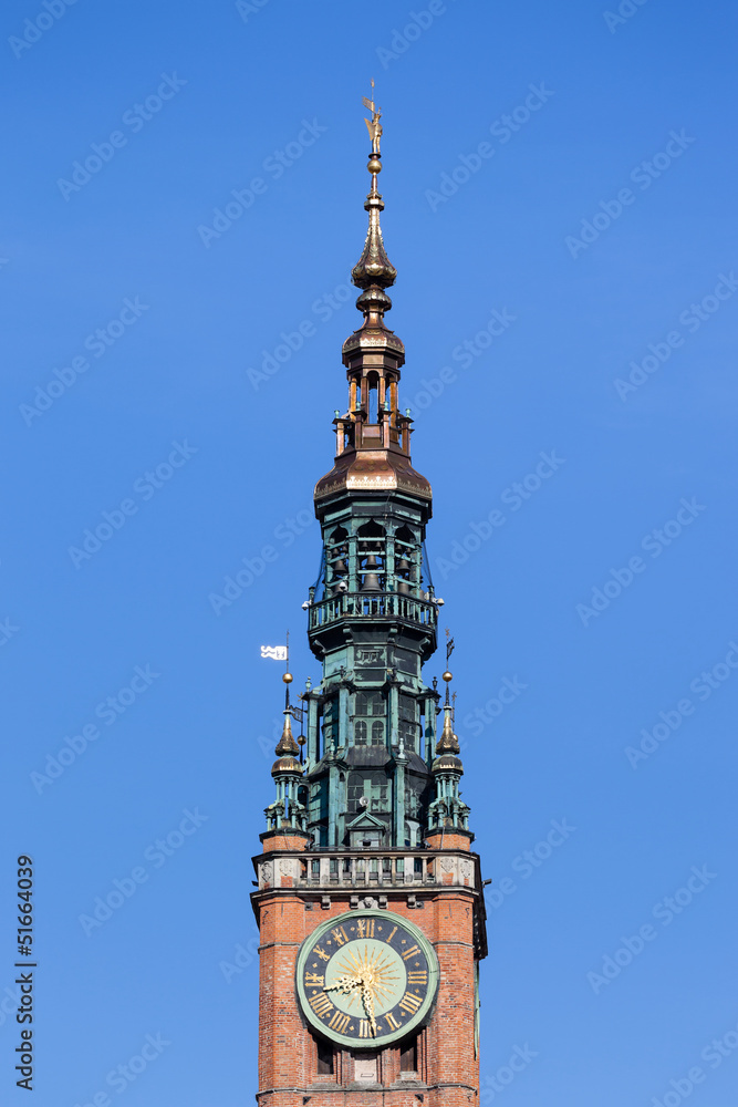 Obraz premium Town Hall tower with a clock in Gdansk, Poland.