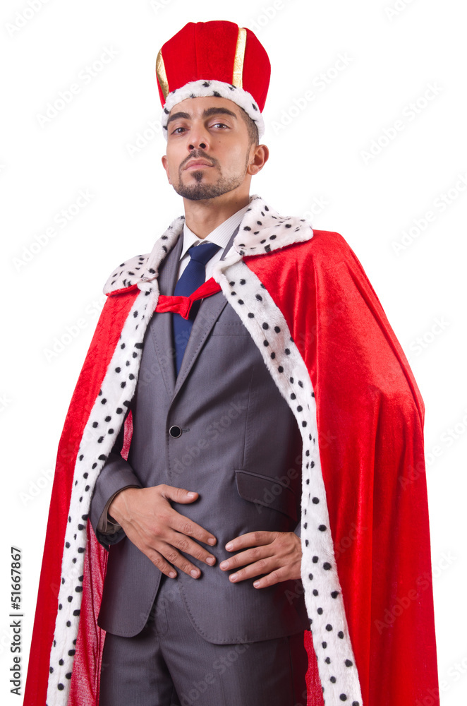 Businessman playing king isolated on white Businessman playing king isolated on white