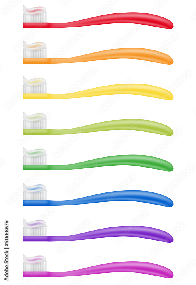 Zahnbürsten in 8 (Regenbogen-) Farben mit gestreifter Zahnpasta –  Stock-Vektorgrafik | Adobe Stock
