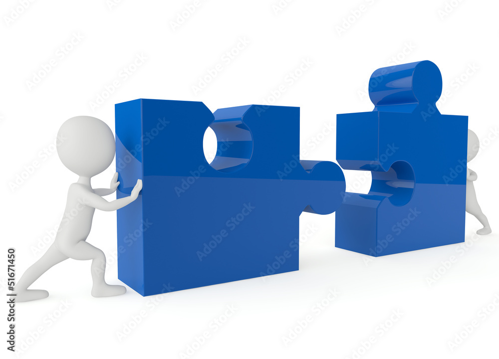 3d humanoid character push a blue puzzle pieces 3d humanoid character push a blue puzzle pieces