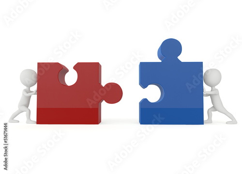 3d humanoid character push a puzzle pieces