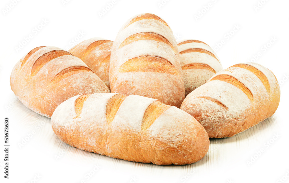 Composition with loafs of bread isolated on white background