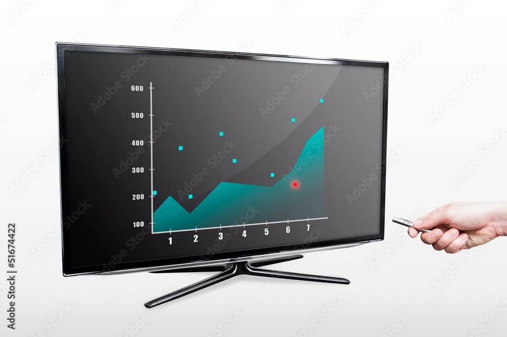 Man showing stock chart with laser pointer on tv screen Man showing stock chart with laser pointer on tv screen