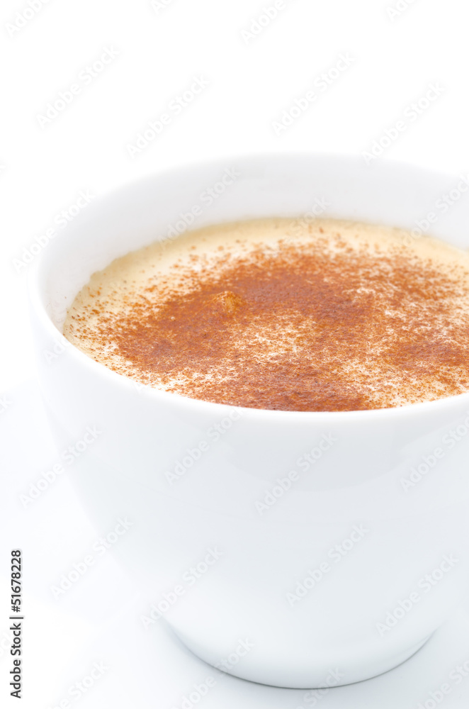 Cappuccino with cinnamon in a white cup closeup Cappuccino with cinnamon in a white cup closeup