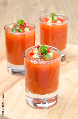 cold tomato soup gazpacho in portion glasses