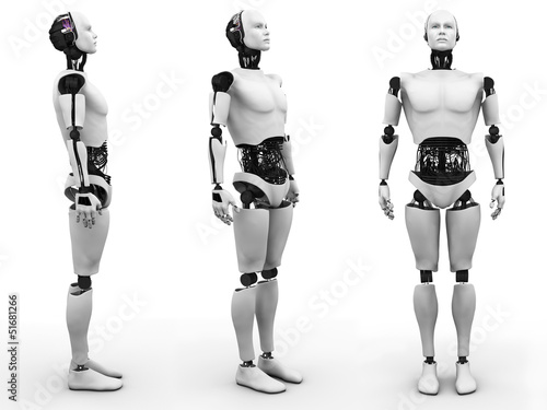 Male robot standing, three different angles.