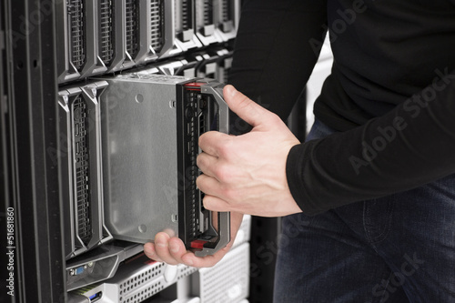 IT Engineer installs Blade Server in Data Center