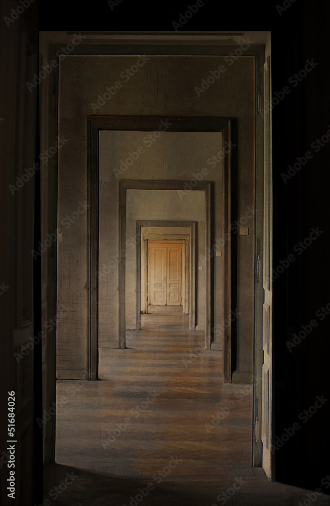 Closed door at the end of the hallway, rite of passage concept.