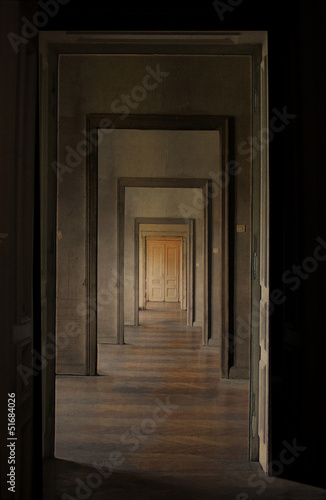 Closed door at the end of the hallway  rite of passage concept.