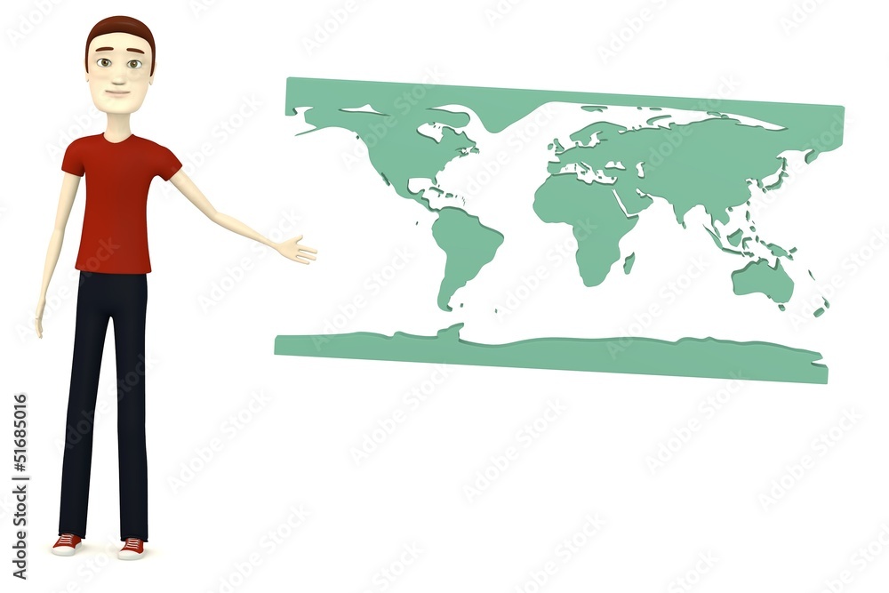 3d render of cartoon character with earth map