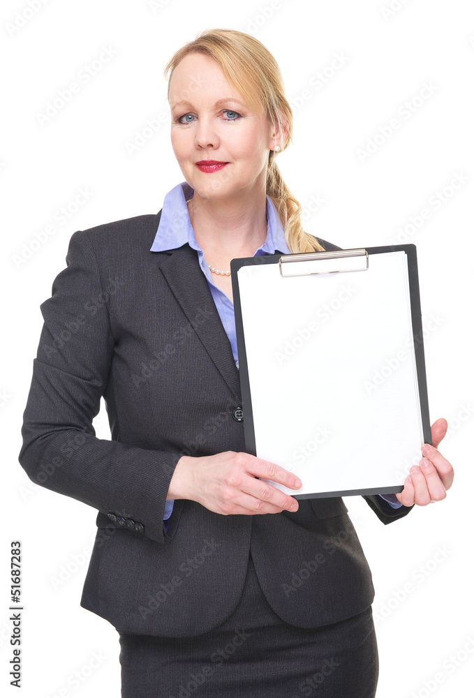 Portrait of a businesswoman holding blank sign clipboard Portrait of a businesswoman holding blank sign clipboard