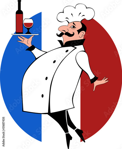 French chef bringing bottle of wine