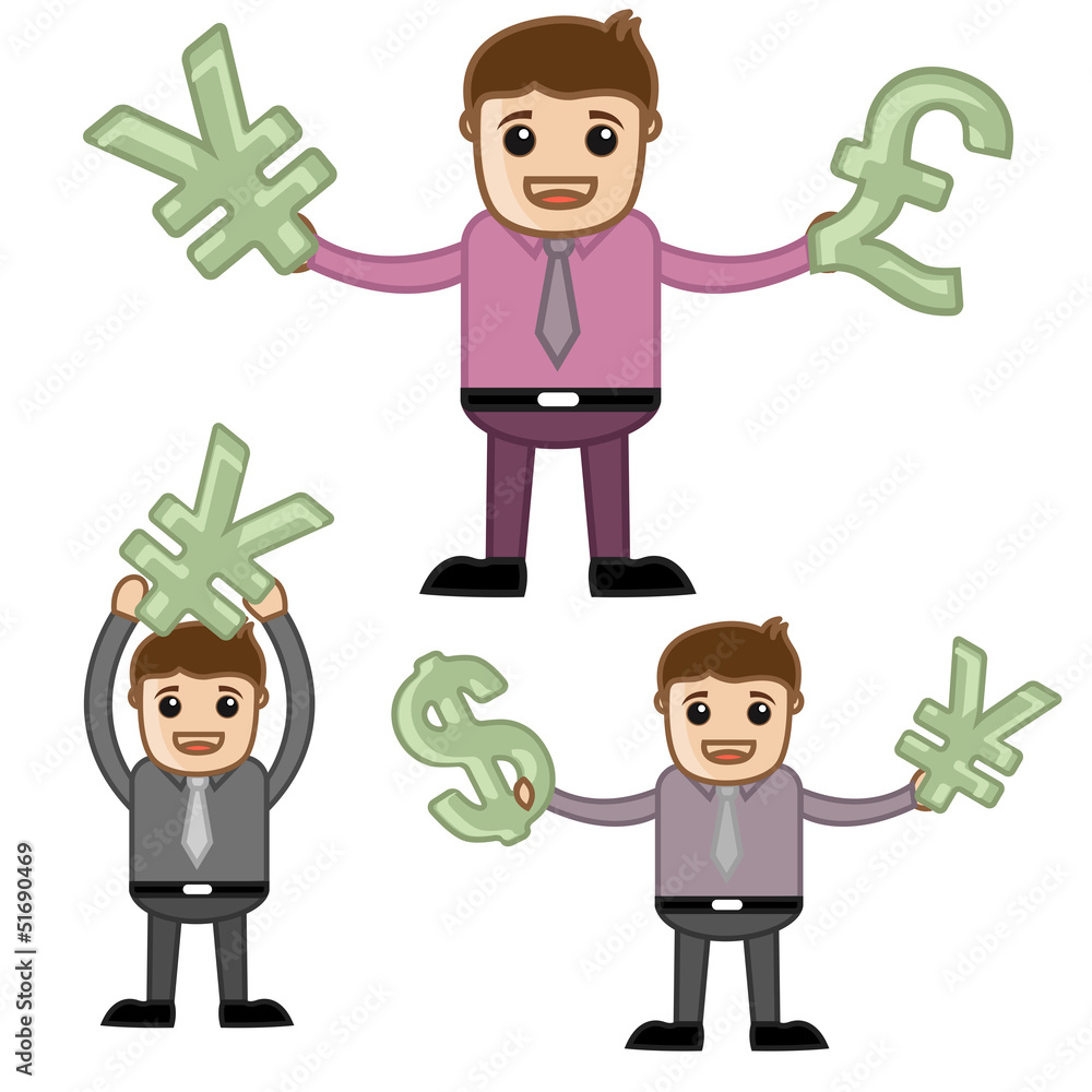 Cartoon Businessman Holding Currency Symbols Cartoon Businessman Holding Currency Symbols