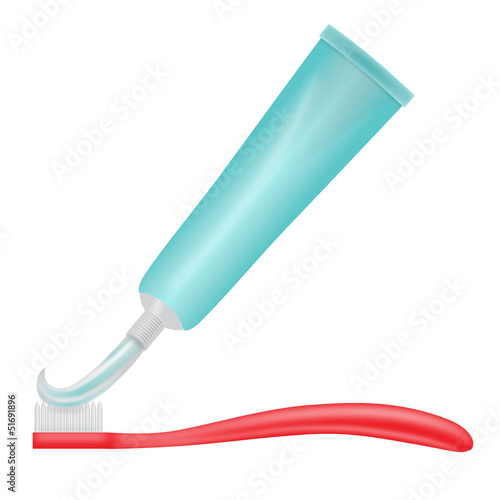 Türkis gestreifte Zahncreme aus der Tube auf rote Zahnbürste