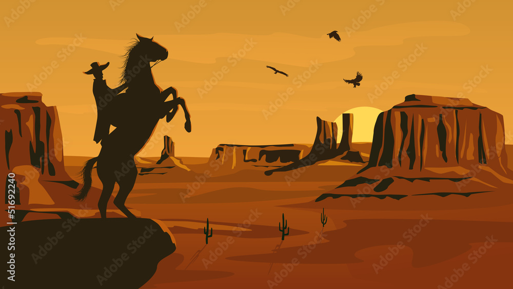 Horizontal cartoon illustration of prairie wild west. - obrazy, fototapety, plakaty 