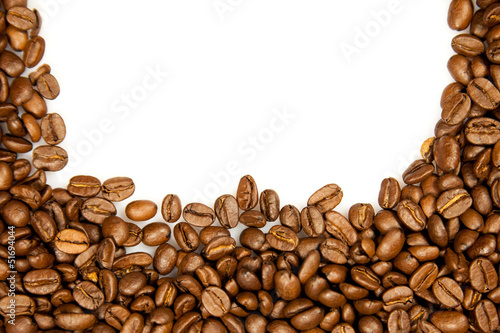 Coffee Border. brown coffee beans isolated on white background.