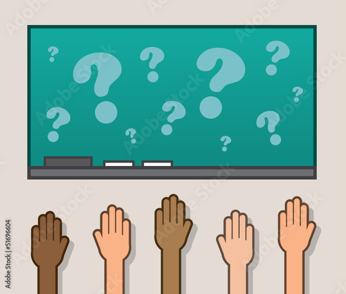 Hand raised in classroom with chalkboard