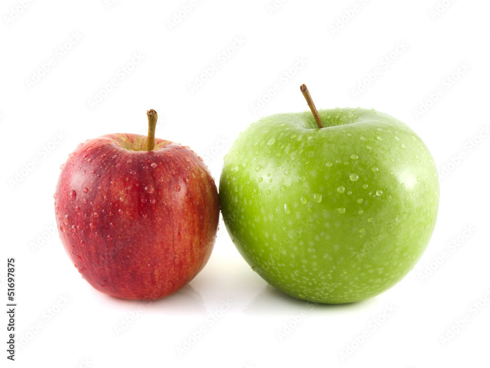 Isolated green and red apples with water drops Isolated green and red apples with water drops