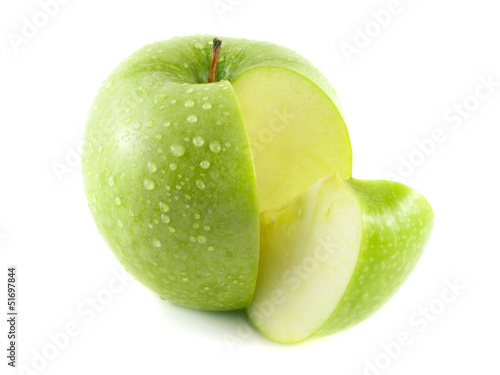 Isolated sliced wet green apple with slice