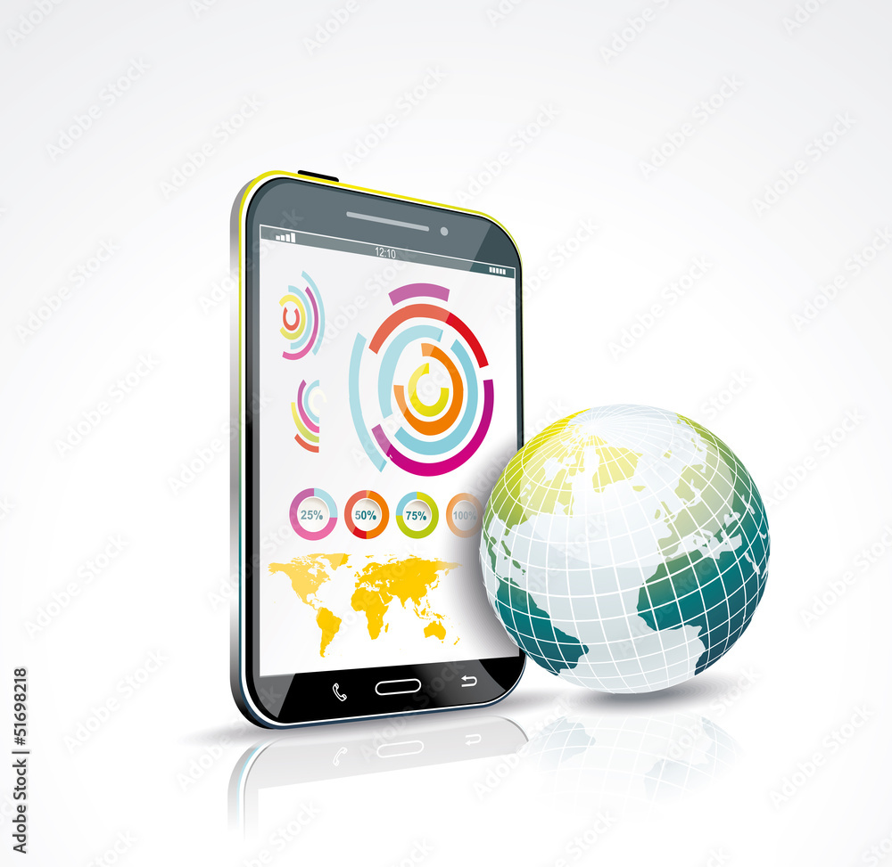 Illustration of a smart phone and globe. Vector. Illustration of a smart phone and globe. Vector.