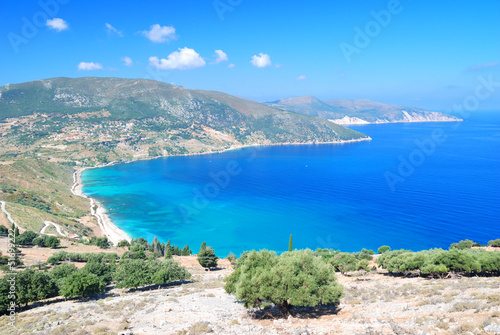 Cephalonia shore hills and clean blue sea waters