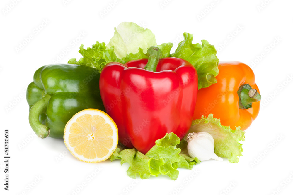 Colorful bell peppers with lemon and lettuce Colorful bell peppers with lemon and lettuce