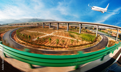 Highway aerial view in the sunset