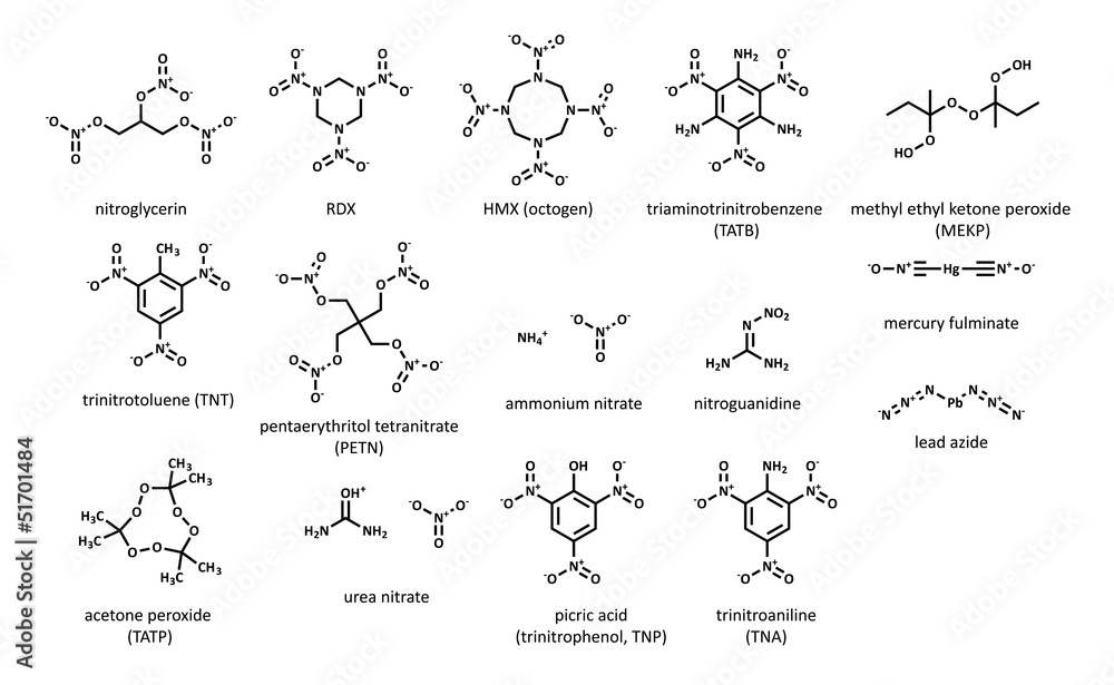 Explosive compounds, 2D chemical structures (set). Explosive compounds, 2D chemical structures (set).