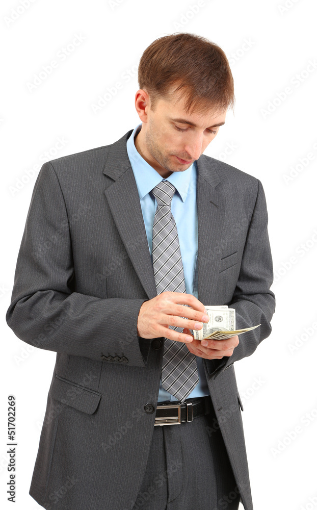 Young businessman with money isolated on white. Young businessman with money isolated on white.