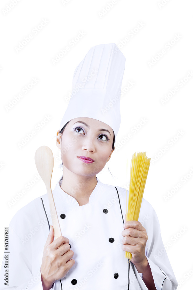 Chef thinking to cook pasta isolated Chef thinking to cook pasta isolated