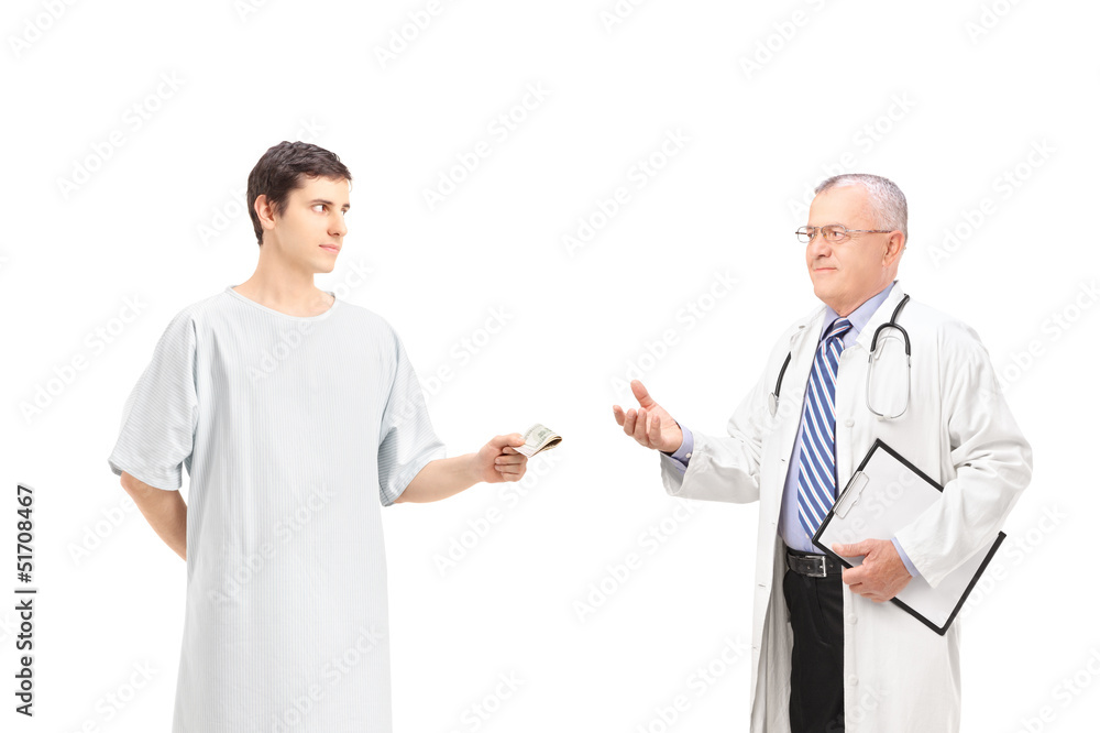 Male patient offering bribe to a mature doctor