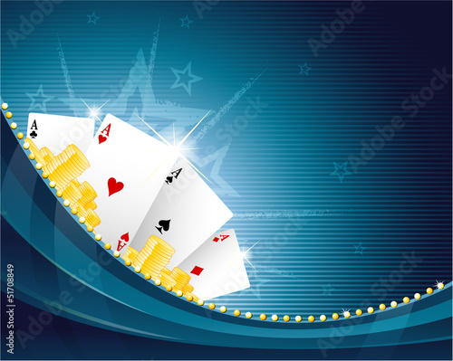 Casino background with playing cards and golden chips