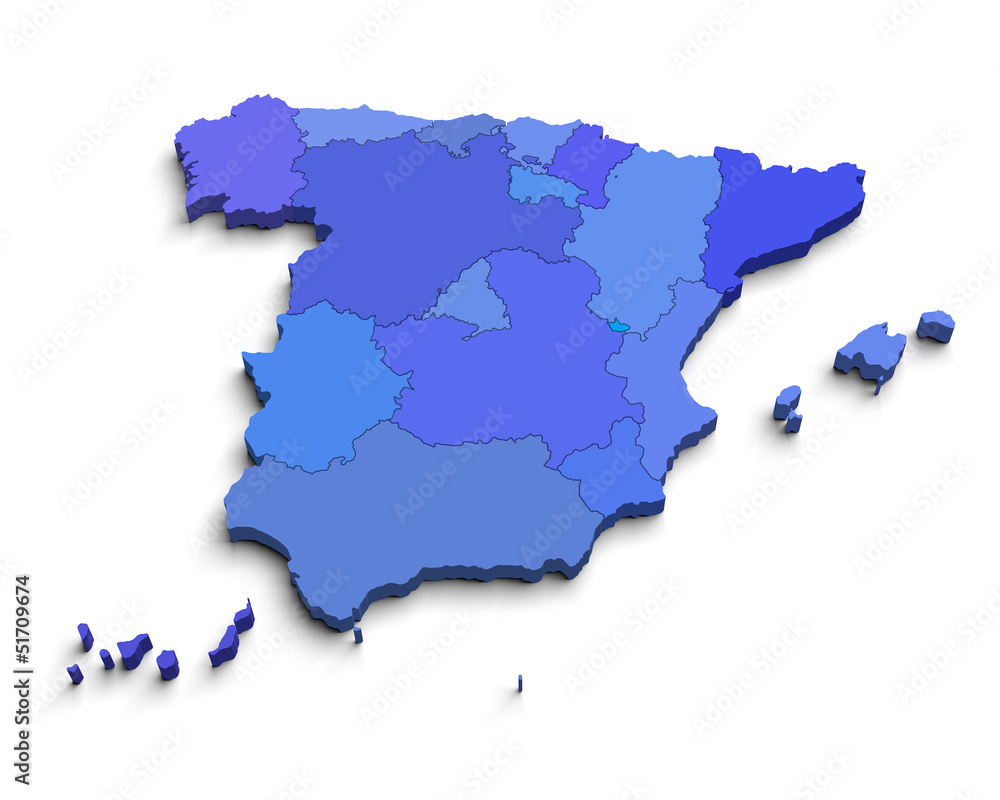 3d Spain blue map on white