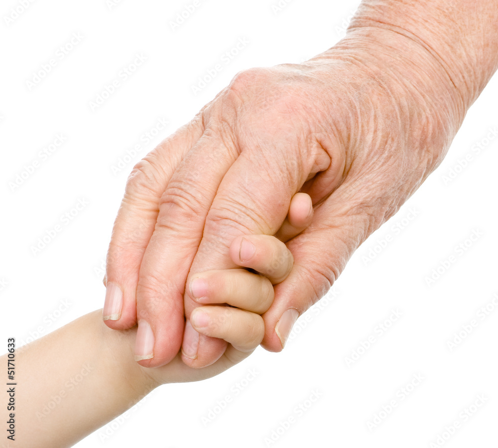 grandfather's hand lead his grandson. isolated on white grandfather's hand lead his grandson. isolated on white