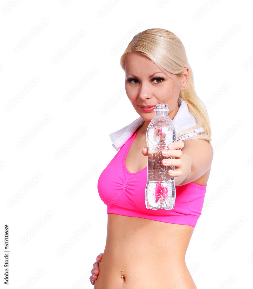 fitness girl with water bottle and towel isolated fitness girl with water bottle and towel isolated