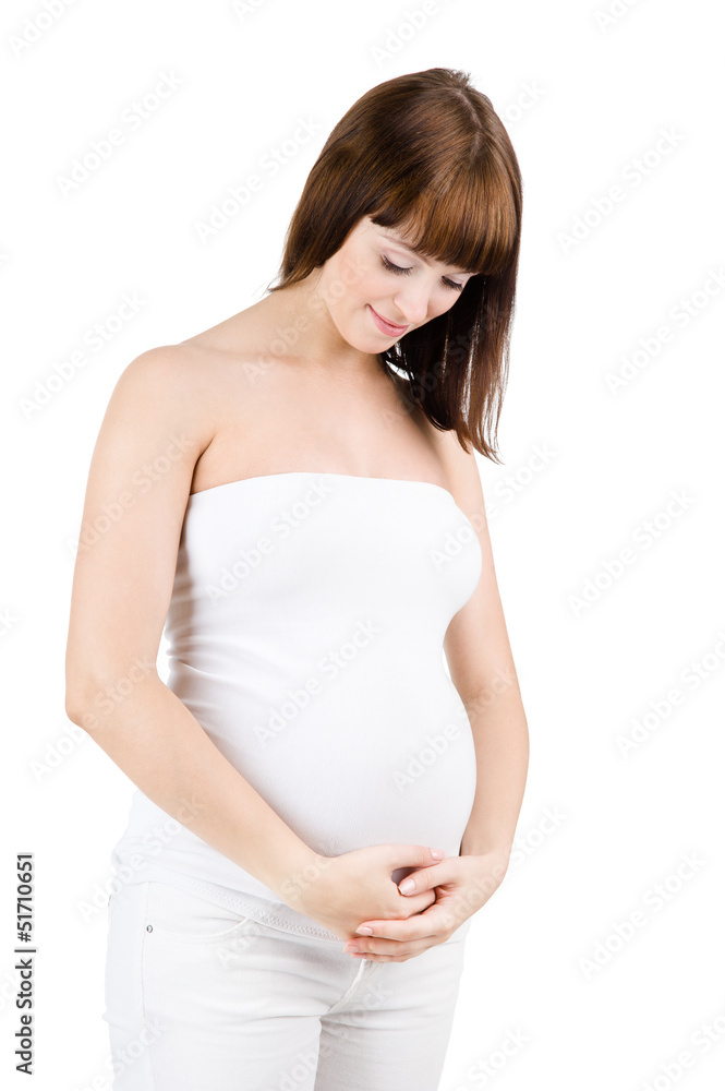 Beautiful pregnant woman in white dress. isolated on white Beautiful pregnant woman in white dress. isolated on white