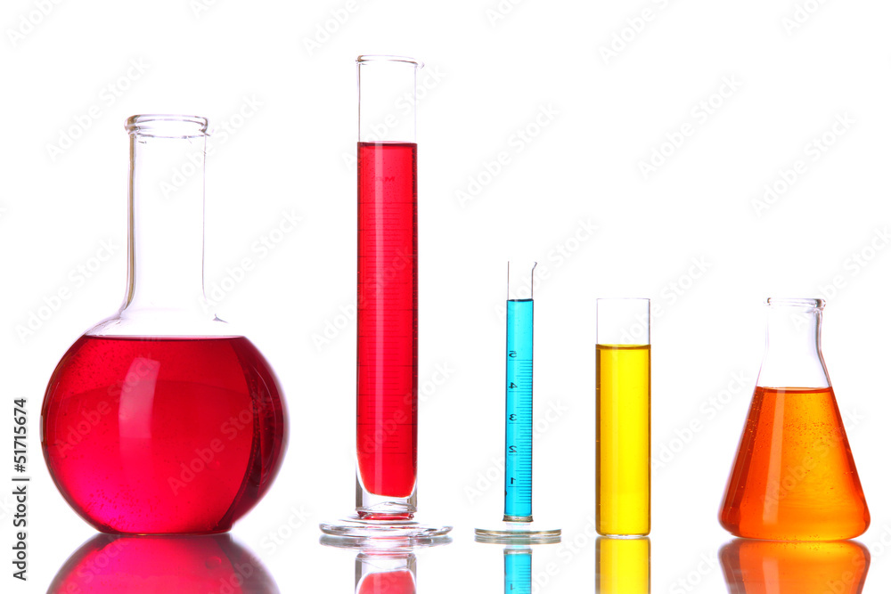 Test tubes with colorful liquids isolated on white Test tubes with colorful liquids isolated on white