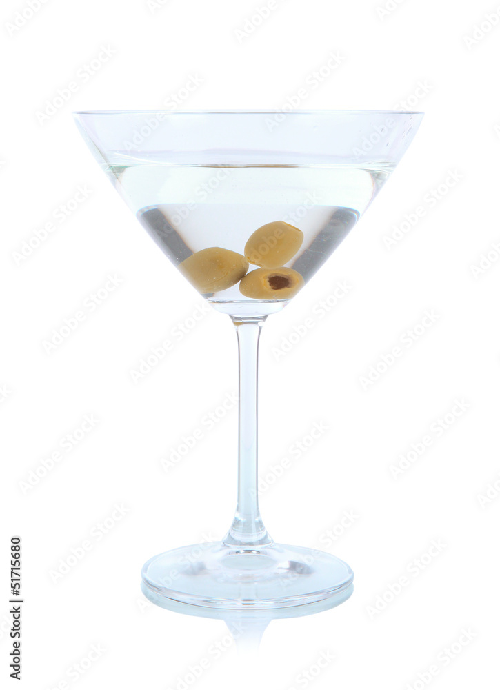 Martini glass with olives isolated on white.