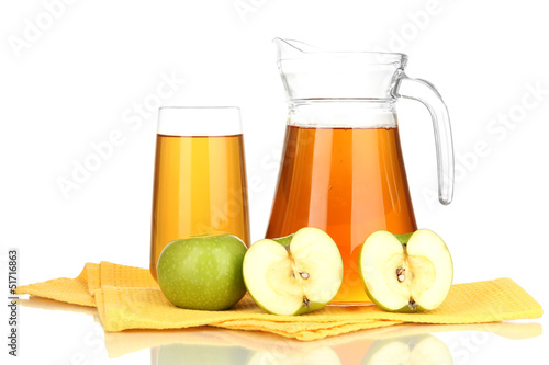 Full glass and jug of apple juice and apples isolted on white