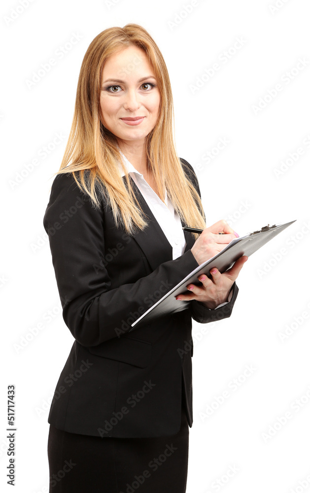 Portrait of teacher woman with clipboard, isolated on white Portrait of teacher woman with clipboard, isolated on white