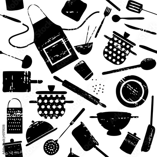 Seamless pattern with scratched cooking related silhouettes 1