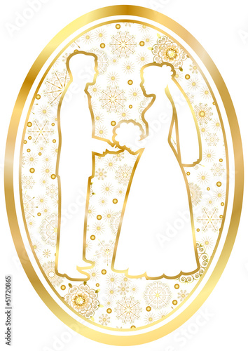 Gold bride and groom on a White background in oval