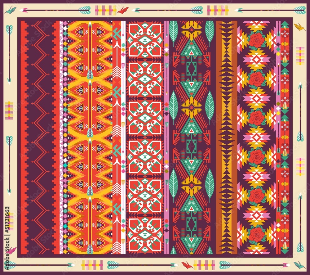 Seamless colorful aztec carpet with birds,flowers and arrow Seamless colorful aztec carpet with birds,flowers and arrow