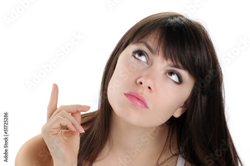 girl looking and pointing with eyes